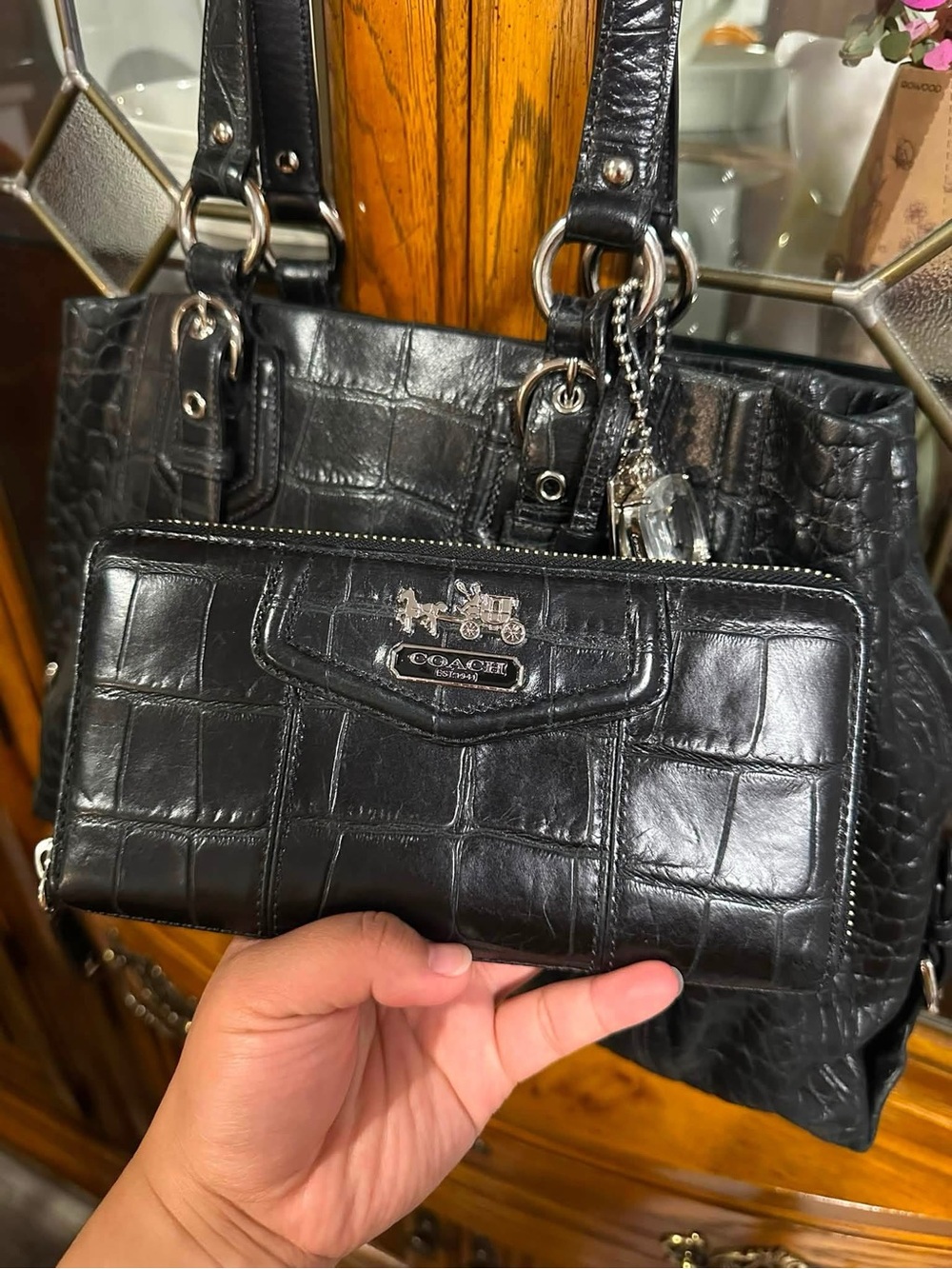Coach Black Croc-Embossed Leather Wallet